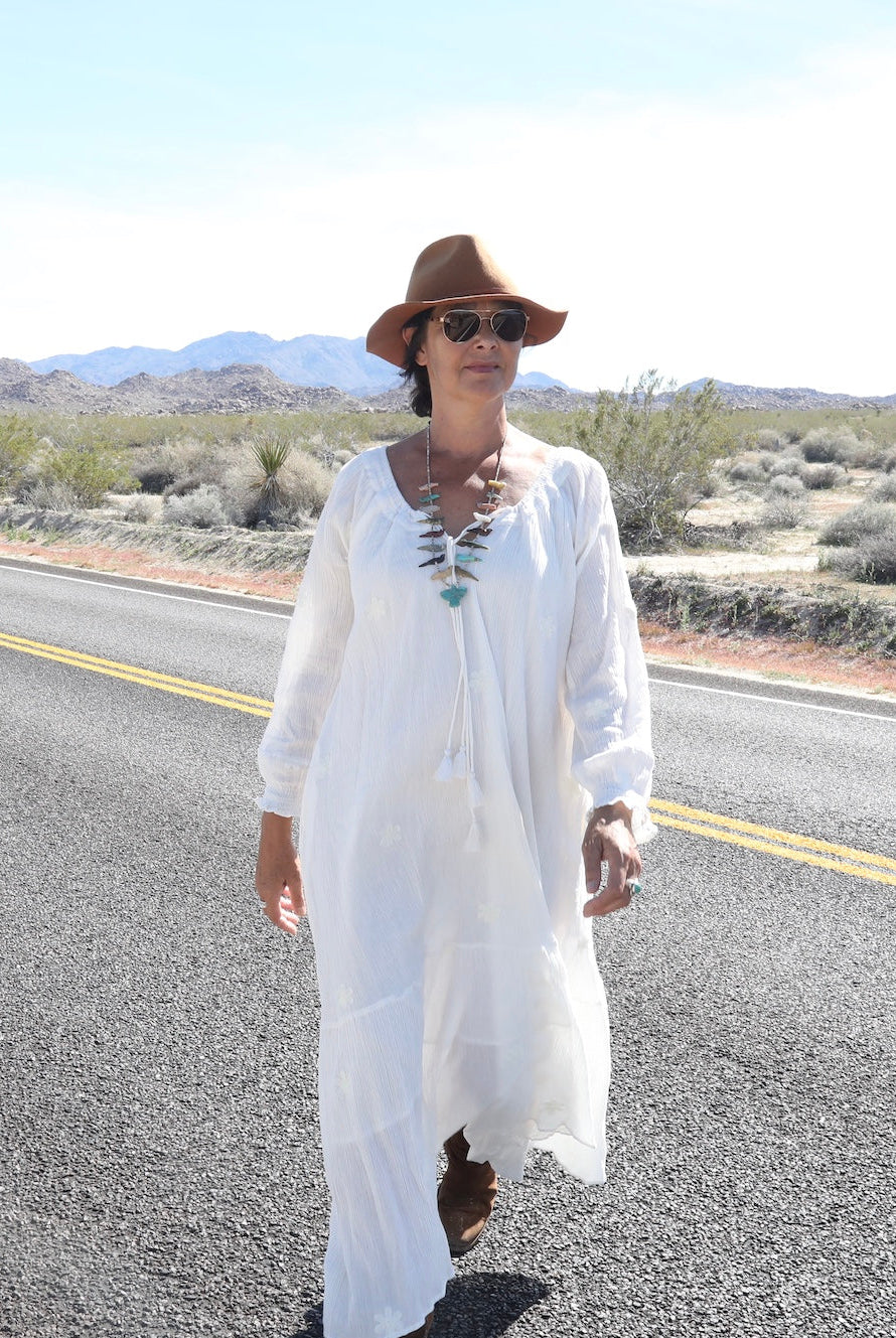 Thelma Embroidered Maxi Dress With Long Sleeves And Side Pockets Natural