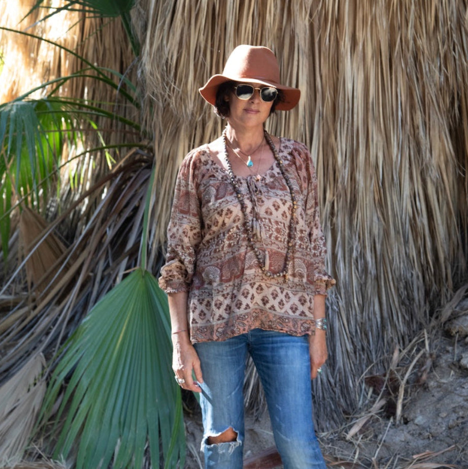 Ella Printed Blouse Long Sleeves With Drawstrings and Tassels Beige