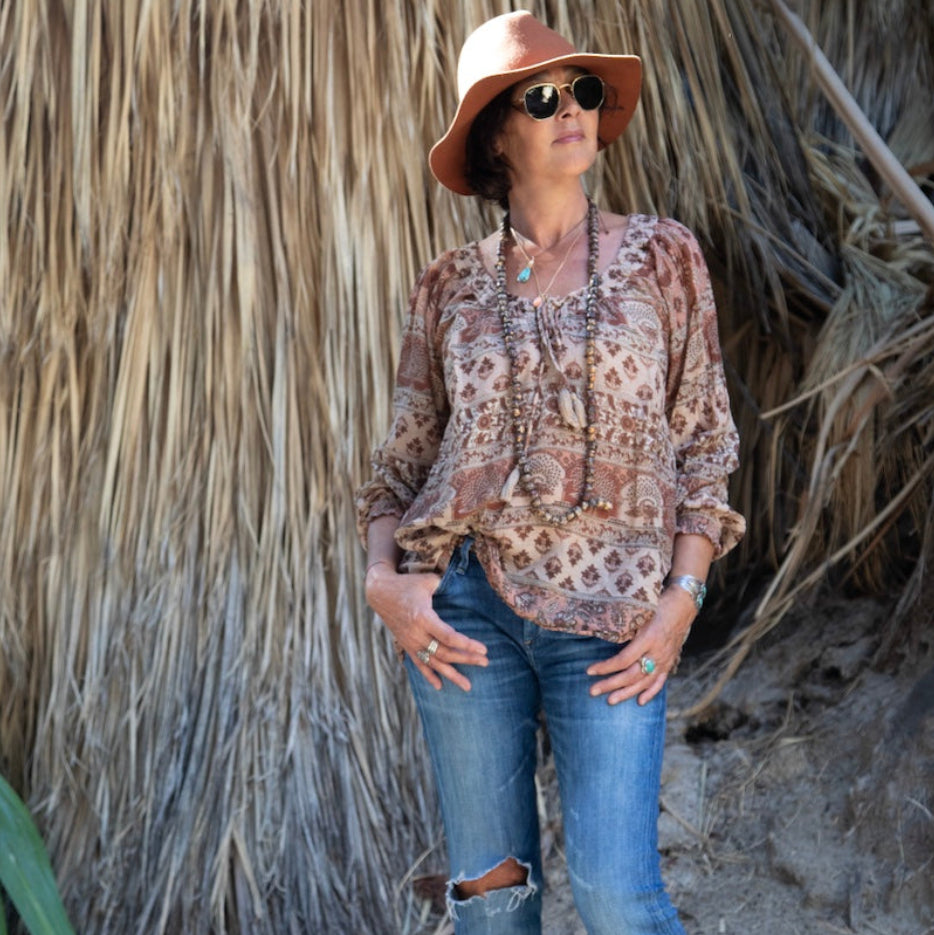 Ella Printed Blouse Long Sleeves With Drawstrings and Tassels Beige