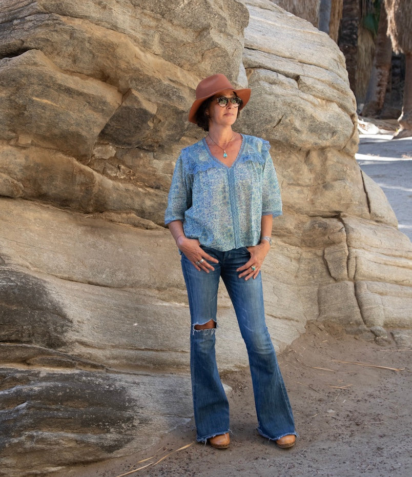 Kelly Printed Blouse Short Sleeves and Lace Liberty Blue