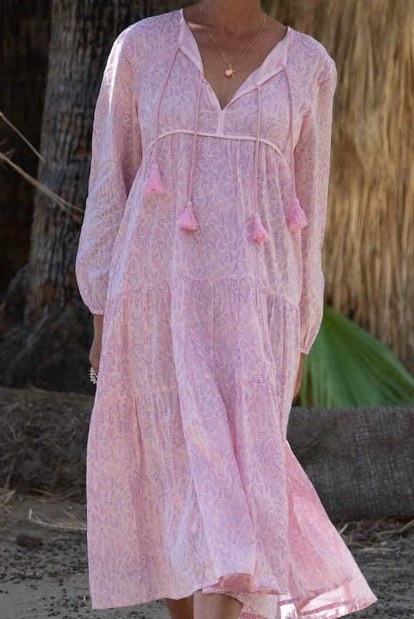 Kayla Printed Long Dress With Tassels Vintage Pink