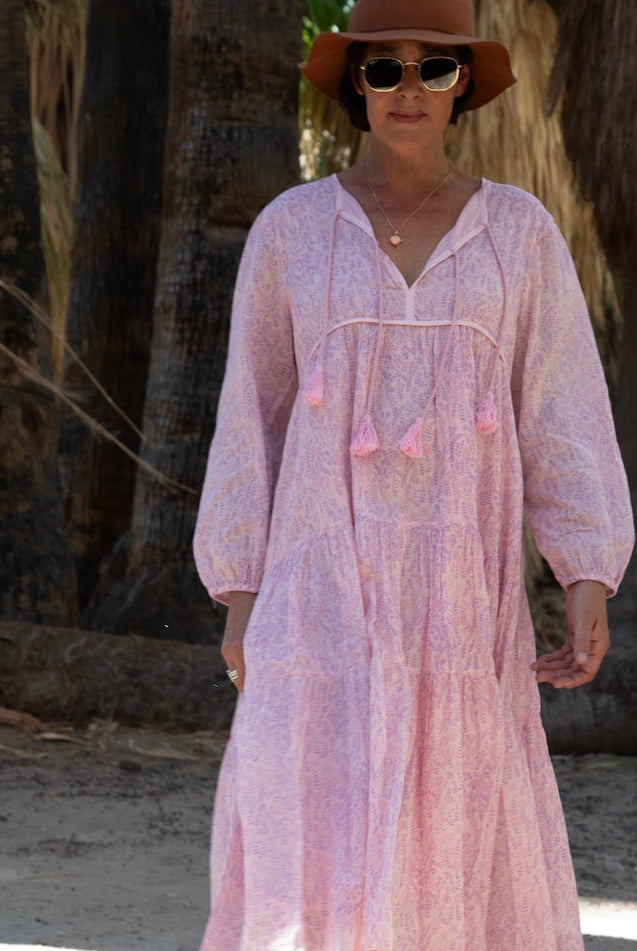 Kayla Printed Long Dress With Tassels Vintage Pink