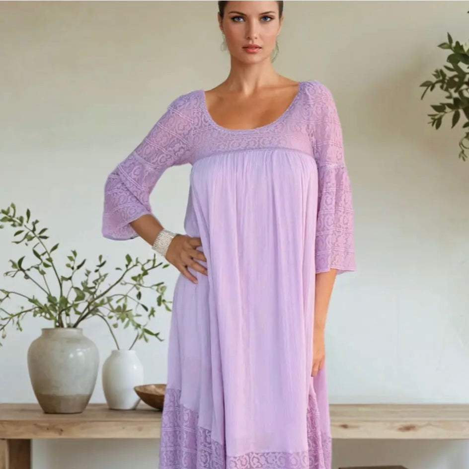 Pure Midi Dress Long Sleeves With Lace Lilac
