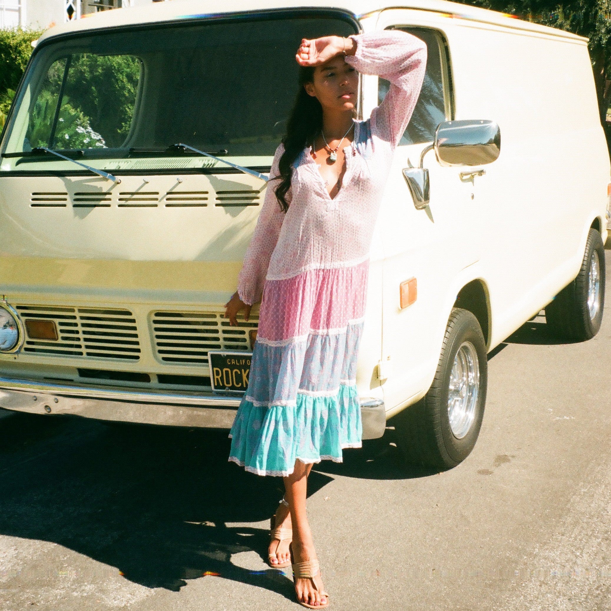 Cora Printed Midi Dress With Long Sleeves Patchwork Pink