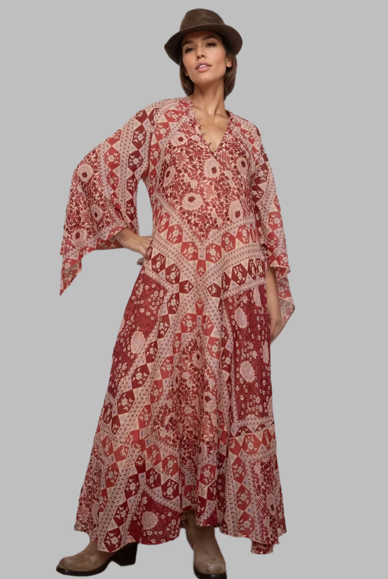 Audrey Printed Maxi Dress Butterfly Sleeves Red ML