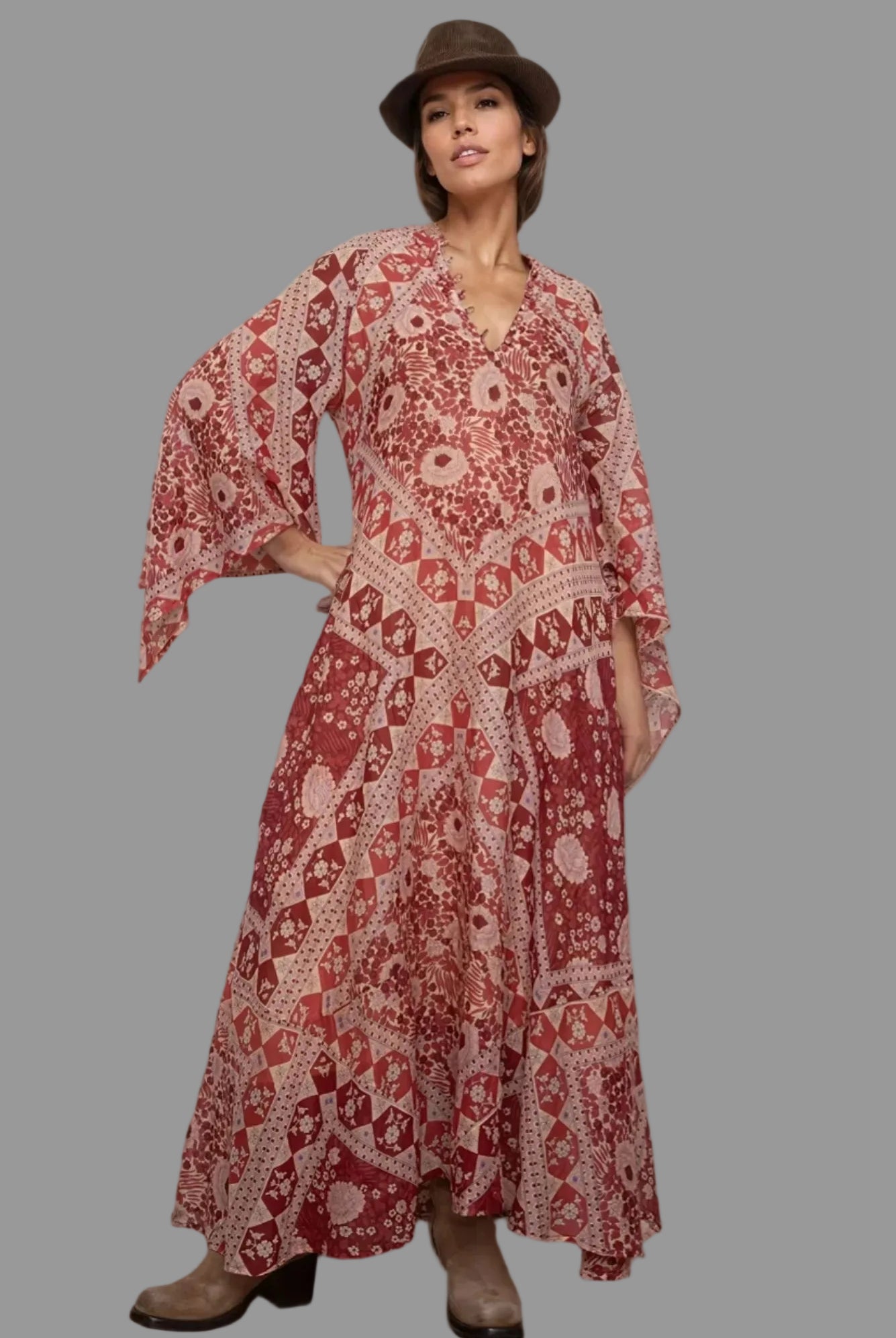 Audrey Printed Maxi Dress Butterfly Sleeves Red