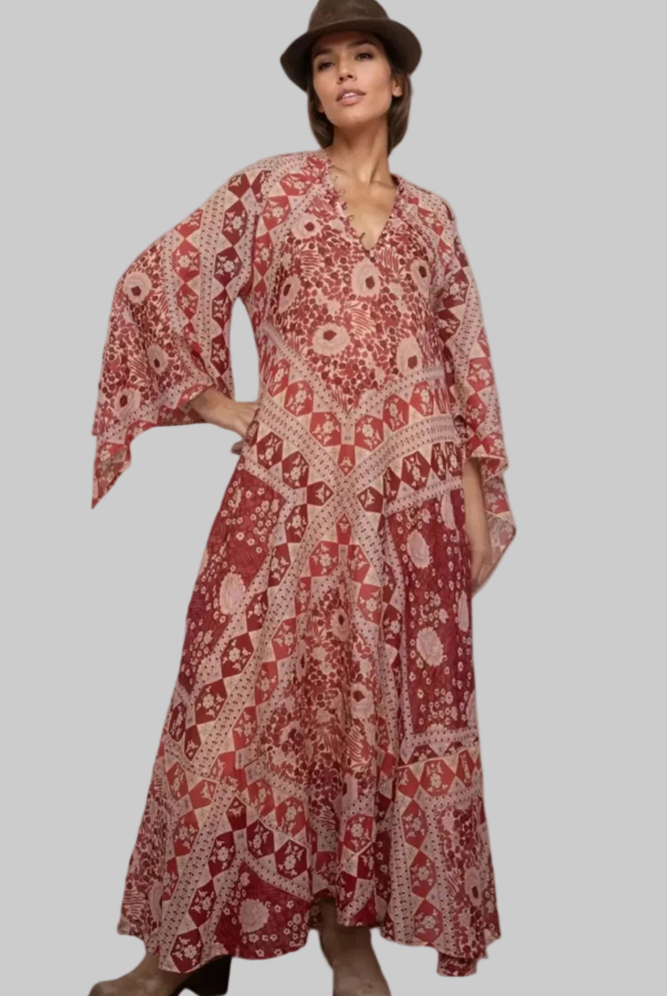 Audrey Printed Maxi Dress Butterfly Sleeves Red