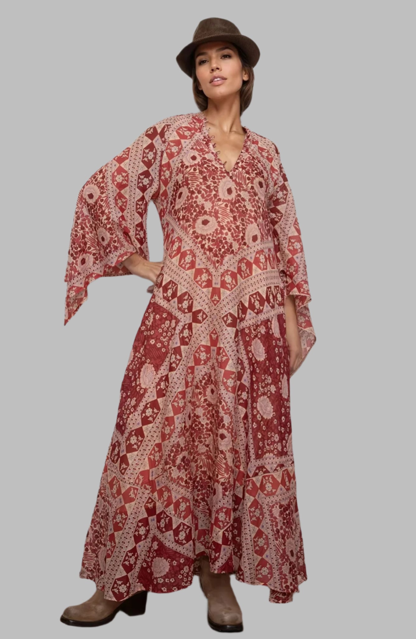 Audrey Printed Maxi Dress Butterfly Sleeves Red ML