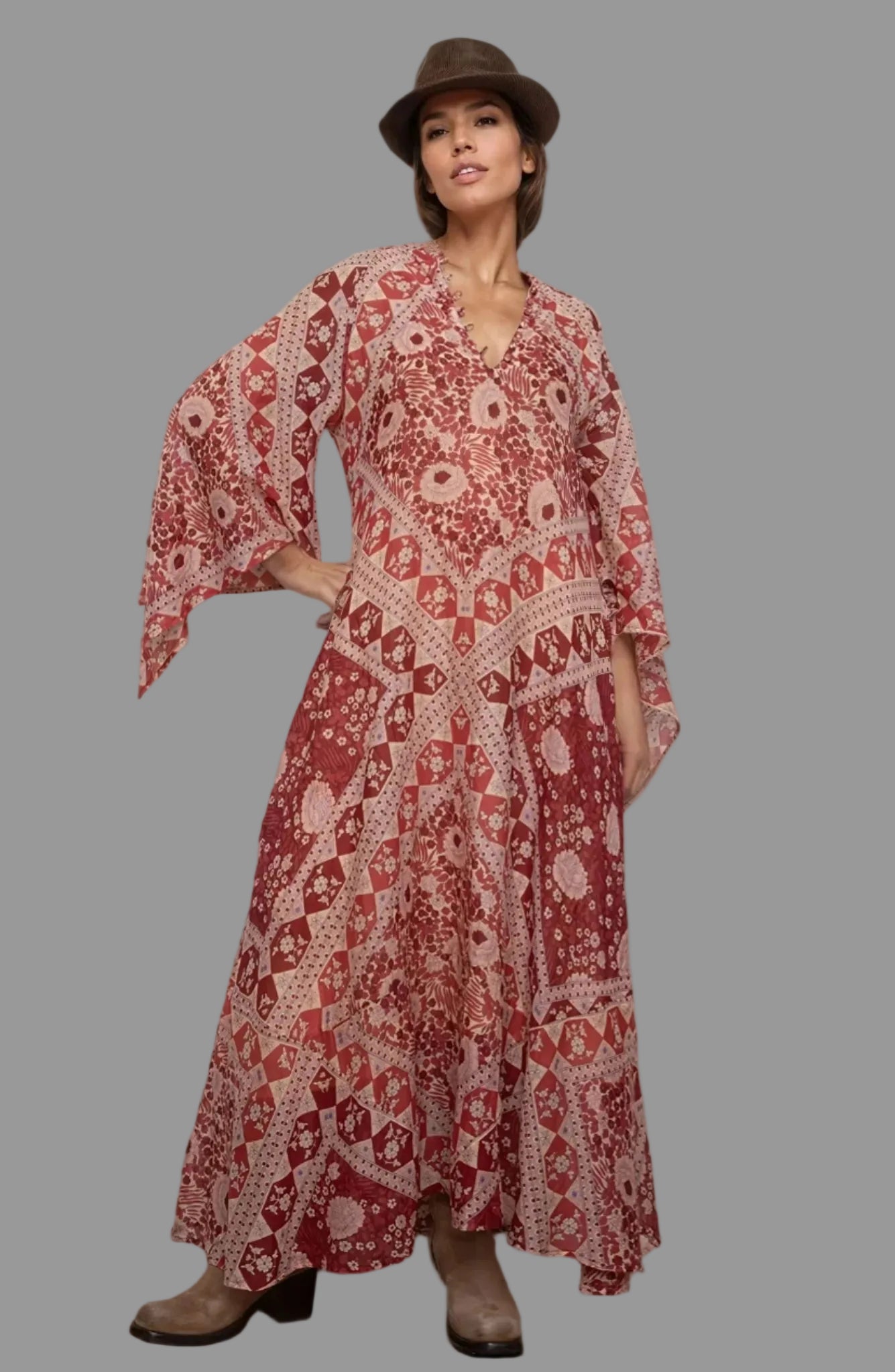 Audrey Printed Maxi Dress Butterfly Sleeves Red