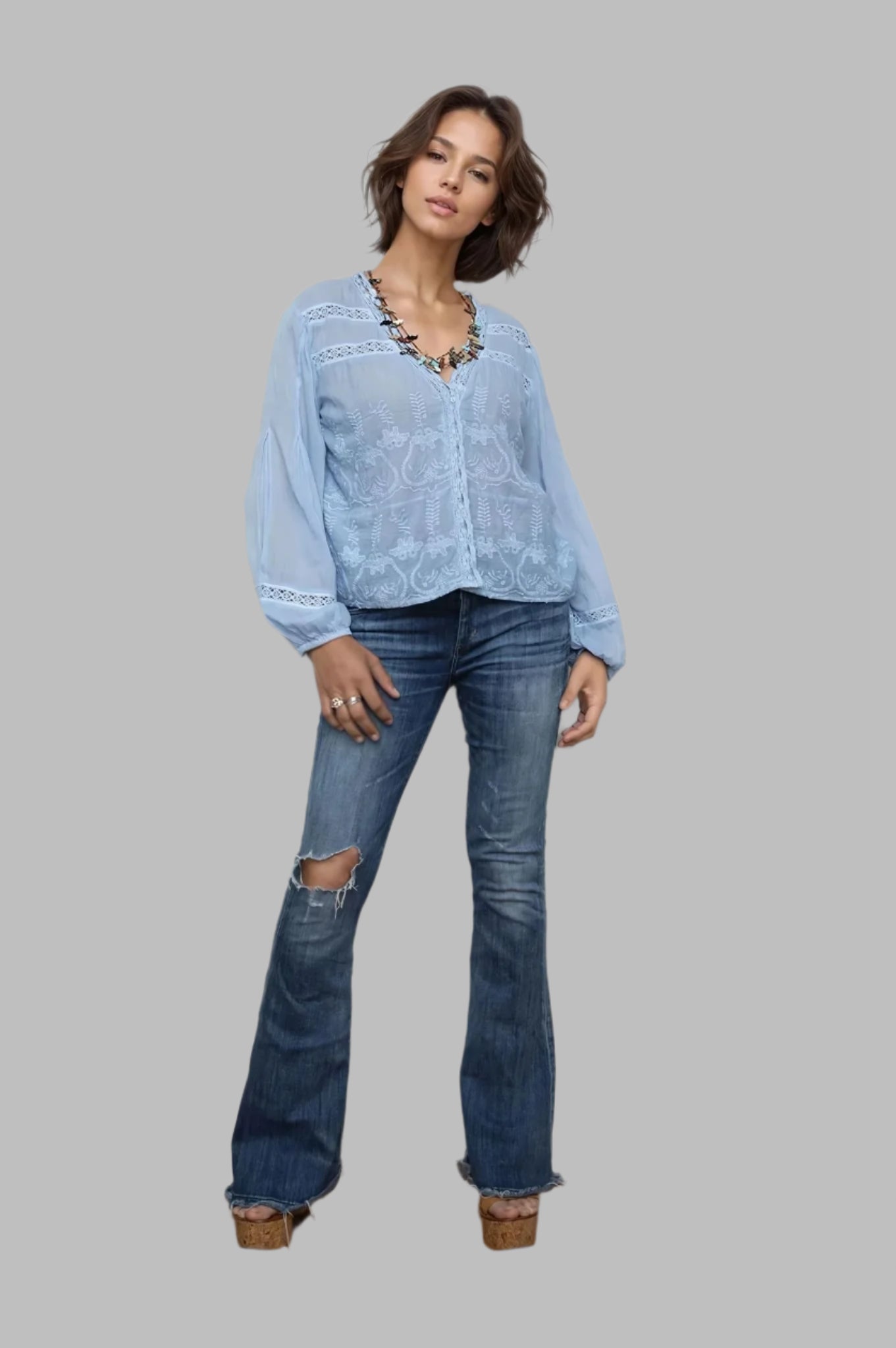 Cathy Embroidered Blouse Long Sleeves Blue