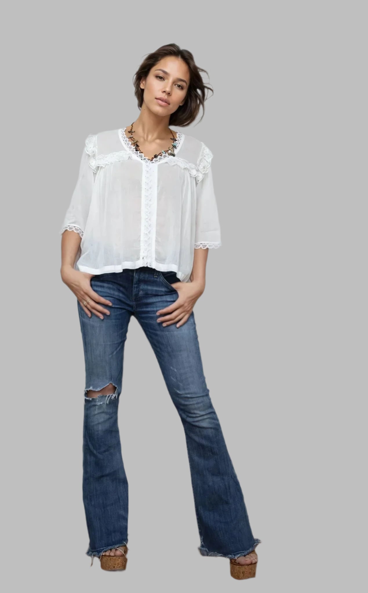 Kelly Blouse Short Sleeves With Lace Natural