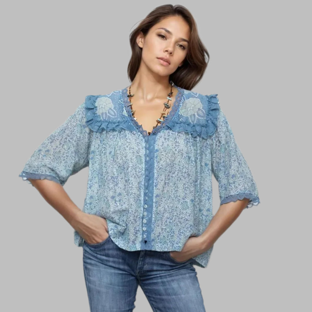 Kelly Printed Blouse Short Sleeves With Lace Liberty Blue