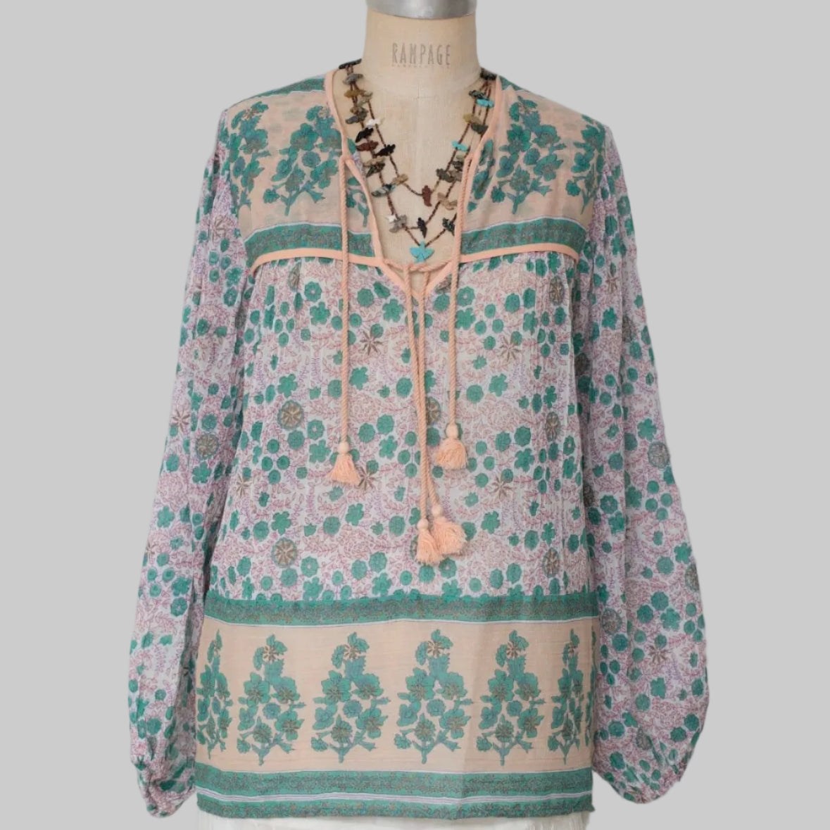 Ginger Printed Blouse Long Sleeves With Tassels Peach/Aqua