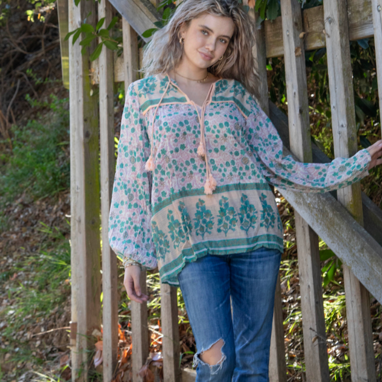 Ginger Printed Blouse Long Sleeves With Tassels Peach/Aqua