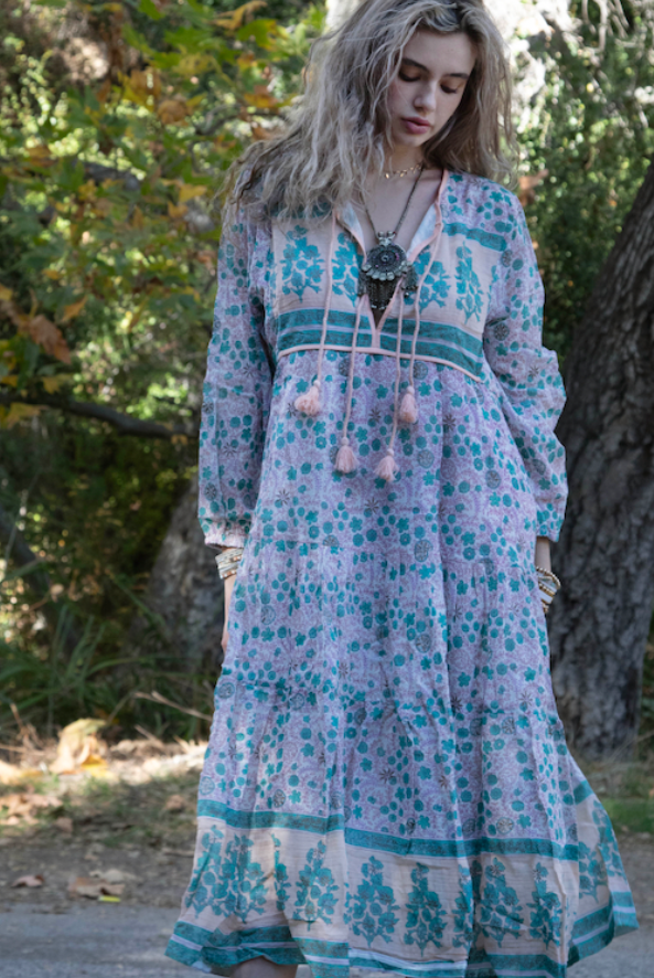 Kayla Printed Long Dress With Tassels Peach/Aqua
