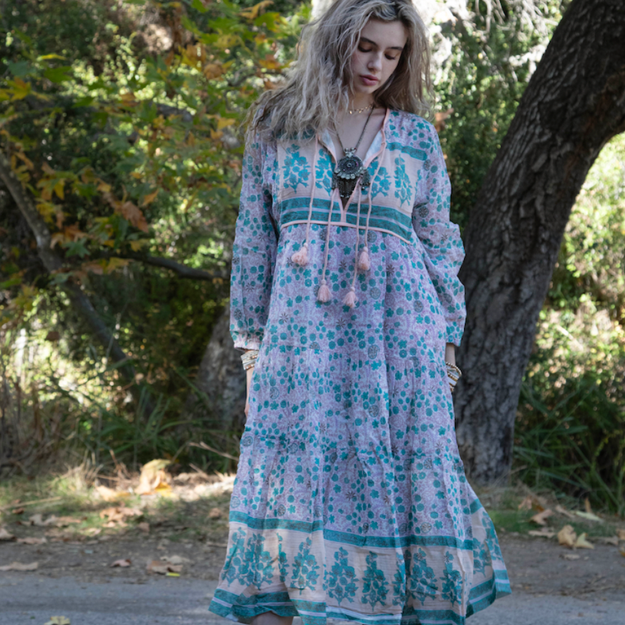 Kayla Printed Long Dress With Tassels Peach/Aqua