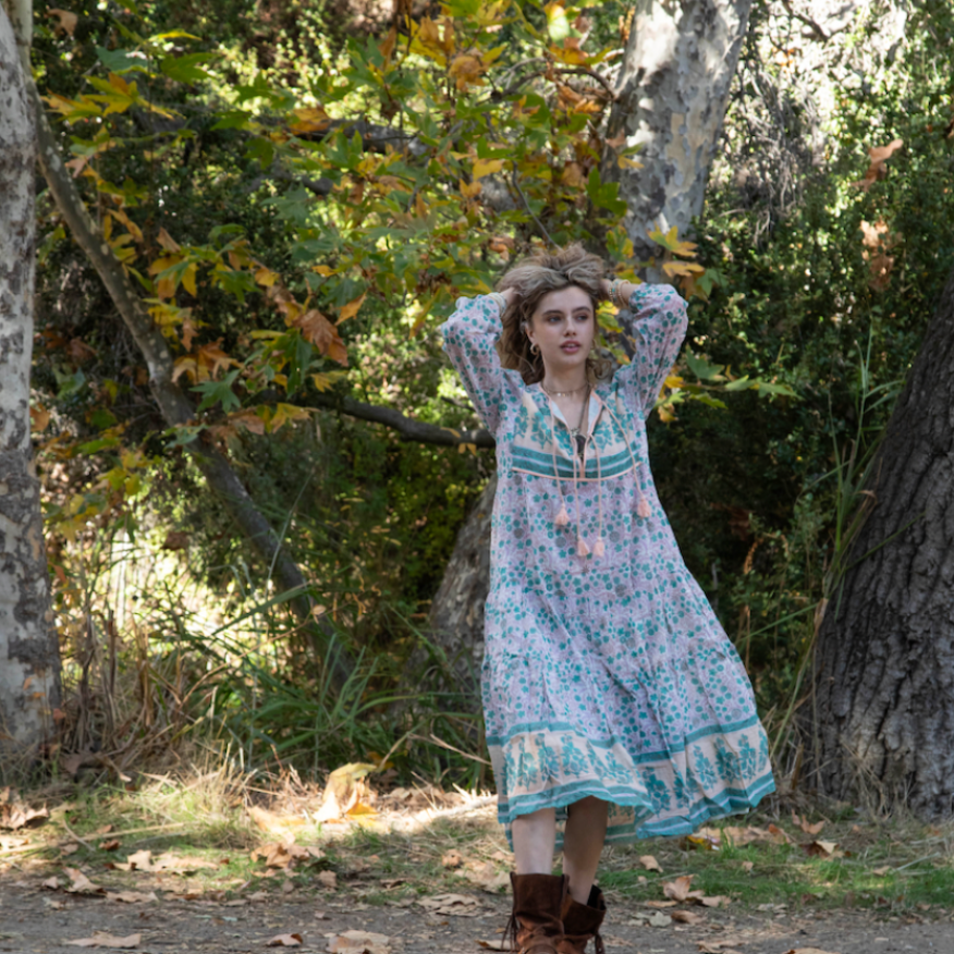 Kayla Printed Long Dress With Tassels Peach/Aqua