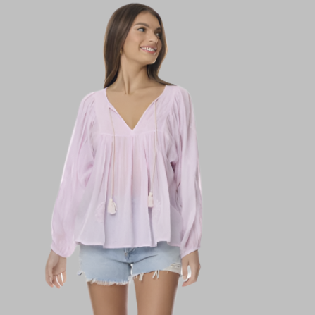 Mylene Hand Embroidered Tunic Long Sleeves With Tassels Lavender