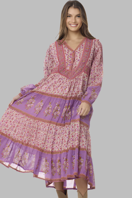 Marilou Printed Midi Dress Long Sleeves Pink