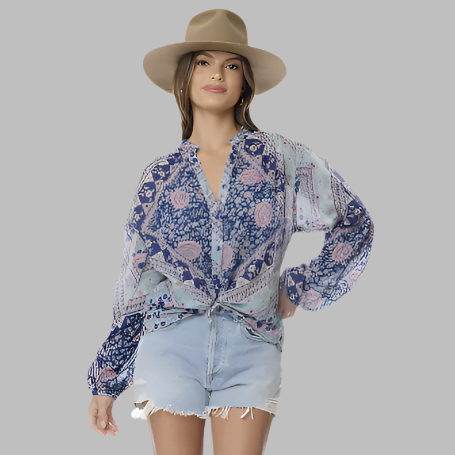 Ginger Printed Blouse Long Sleeves Patchwork Blue