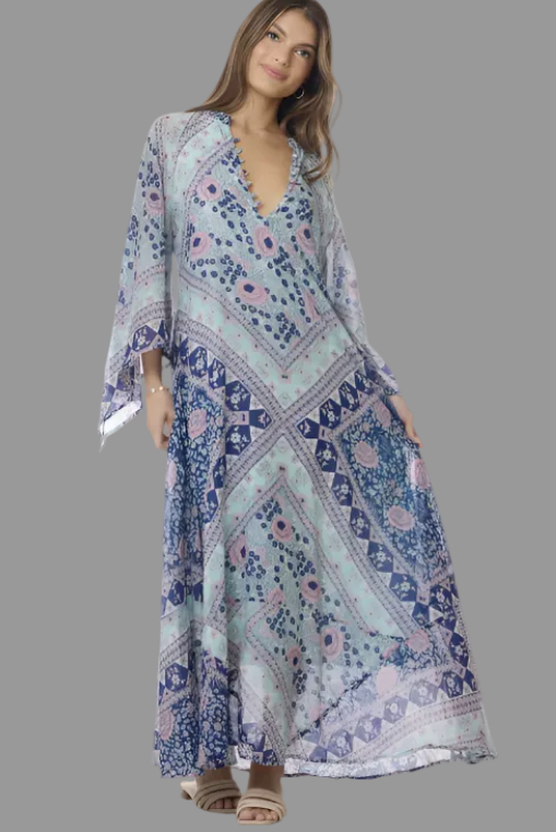 Audrey Printed Maxi Dress Butterfly Sleeves Patchwork Blue M
