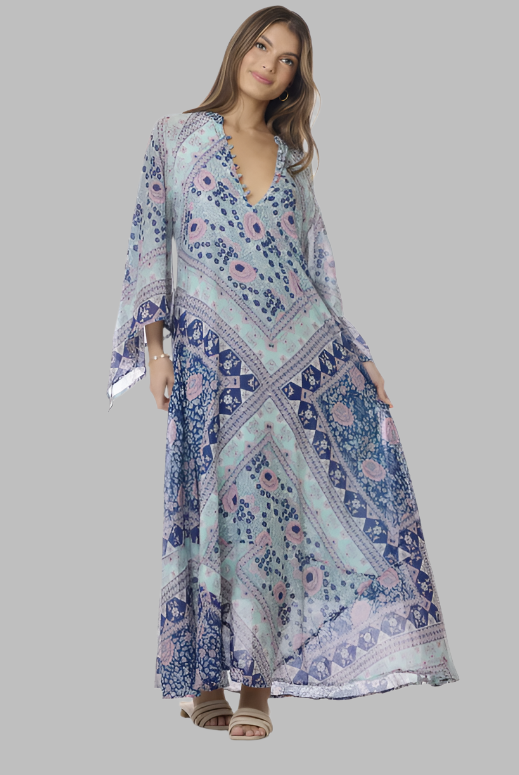 Audrey Maxi Dress Butterfly Sleeves Patchwork Blue