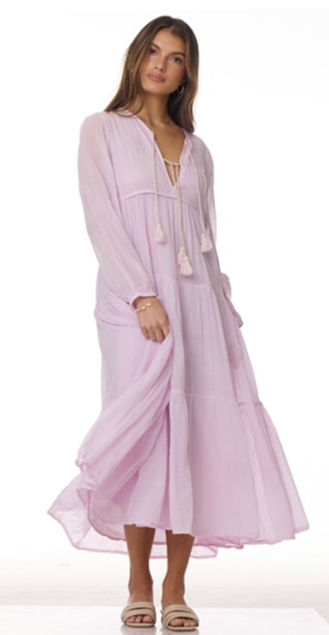 Mylene Embroidered Maxi Dress Long Sleeves Lavender - Blue Boheme