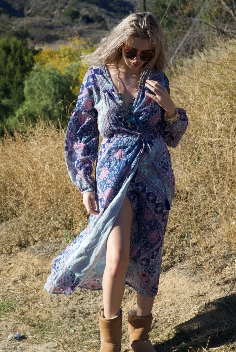 Naomi Printed Maxi Wrap Dress Long Sleeves Blue