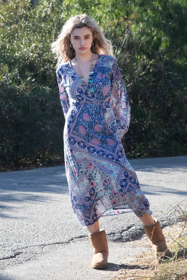 Naomi Printed Maxi Wrap Dress Long Sleeves Blue