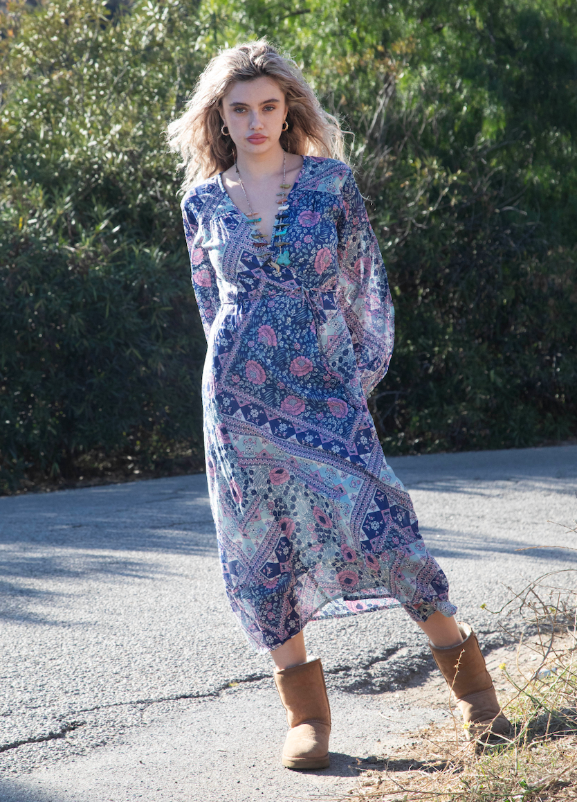 Naomi Printed Maxi Wrap Dress Long Sleeves Blue