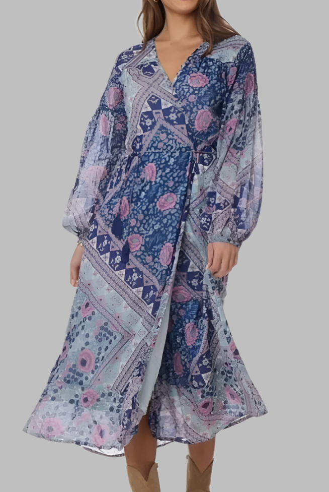 Naomi Printed Maxi Wrap Dress Long Sleeves Blue