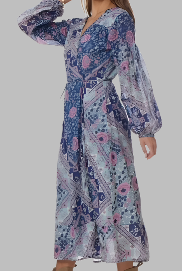 Naomi Printed Maxi Wrap Dress Long Sleeves Blue