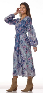 Naomi Printed Maxi Wrap Dress Long Sleeves Blue - Blue Boheme
