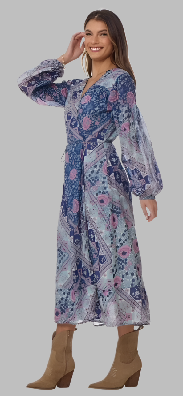 Naomi Printed Maxi Wrap Dress Long Sleeves Blue