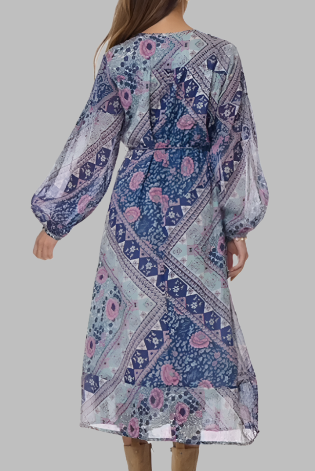 Naomi Printed Maxi Wrap Dress Long Sleeves Blue