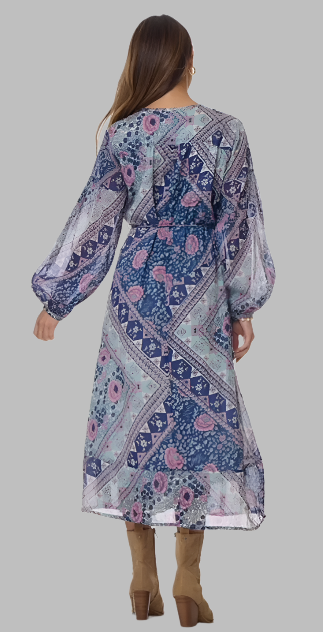 Naomi Printed Maxi Wrap Dress Long Sleeves Blue