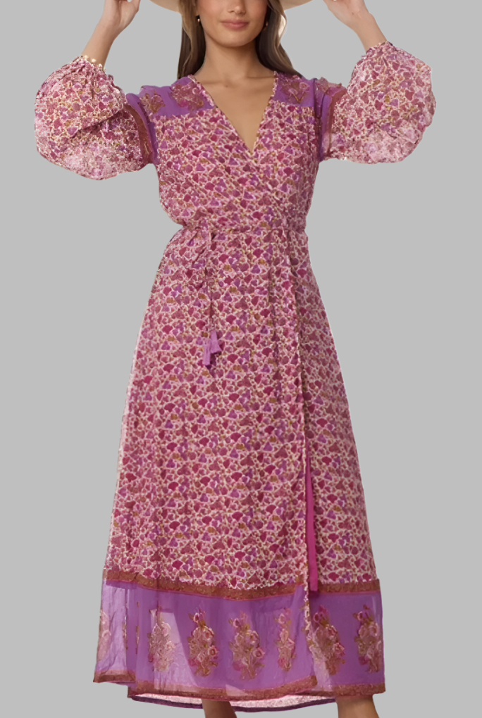 Naomi Printed Maxi Wrap Dress Long Sleeves Pink