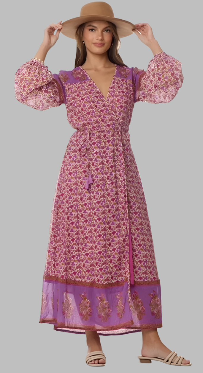 Naomi Printed Maxi Wrap Dress Long Sleeves Pink