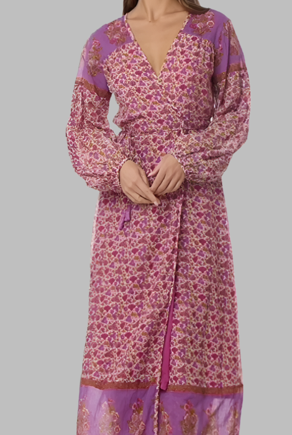 Naomi Printed Maxi Wrap Dress Long Sleeves Pink