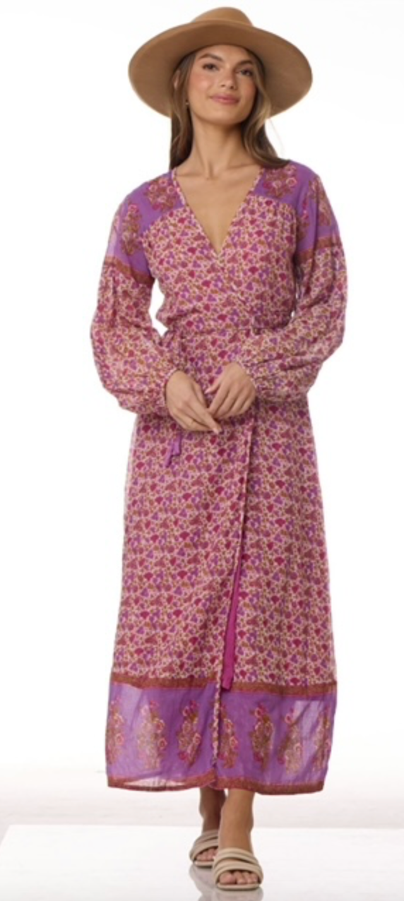 Naomi Printed Maxi Wrap Dress Long Sleeves Pink - Blue Boheme