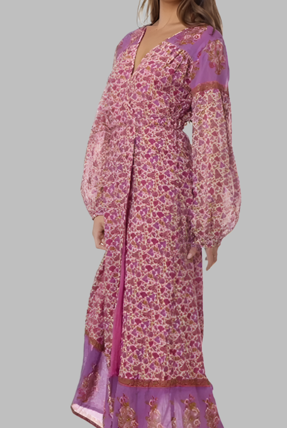 Naomi Printed Maxi Wrap Dress Long Sleeves Pink