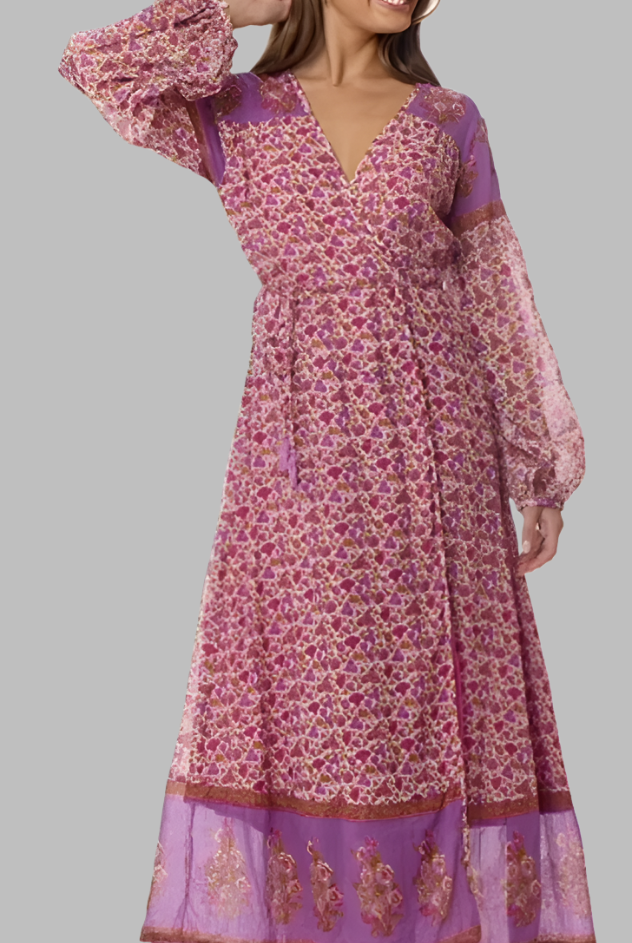 Naomi Printed Maxi Wrap Dress Long Sleeves Pink