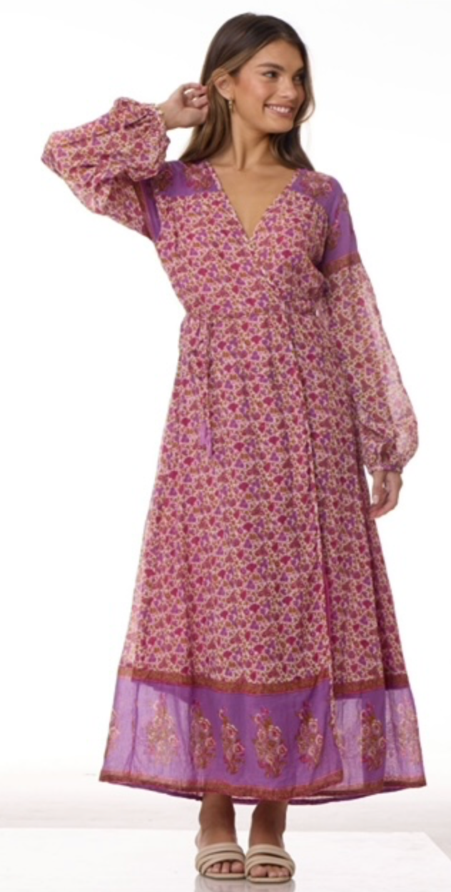 Naomi Printed Maxi Wrap Dress Long Sleeves Pink - Blue Boheme
