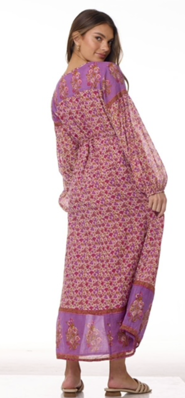 Naomi Printed Maxi Wrap Dress Long Sleeves Pink - Blue Boheme