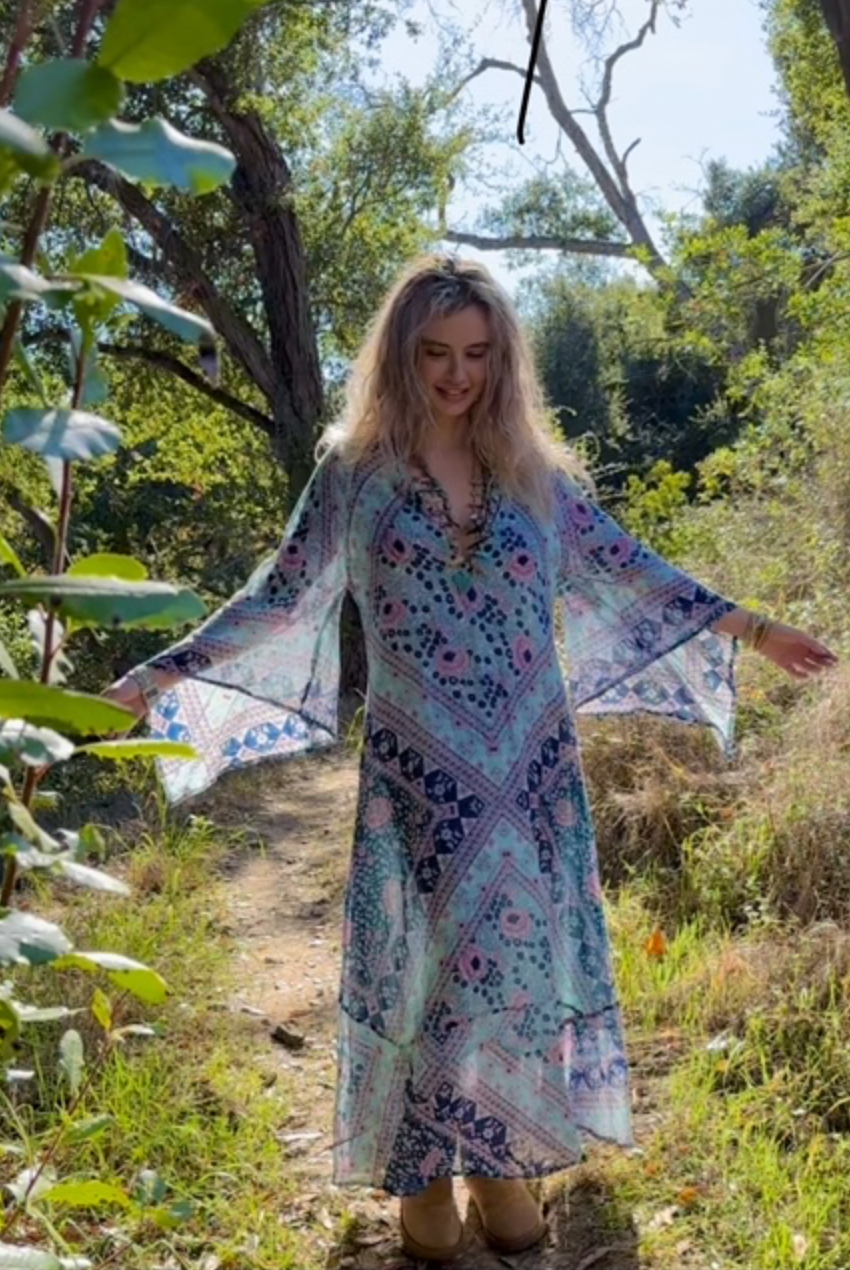 Audrey Maxi Dress Butterfly Sleeves Patchwork Blue