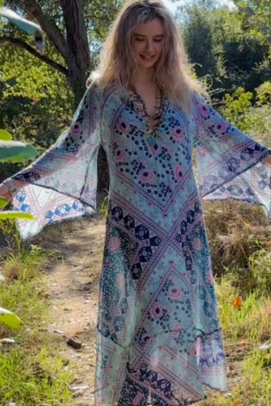 Audrey Printed Maxi Dress Butterfly Sleeves Patchwork Blue