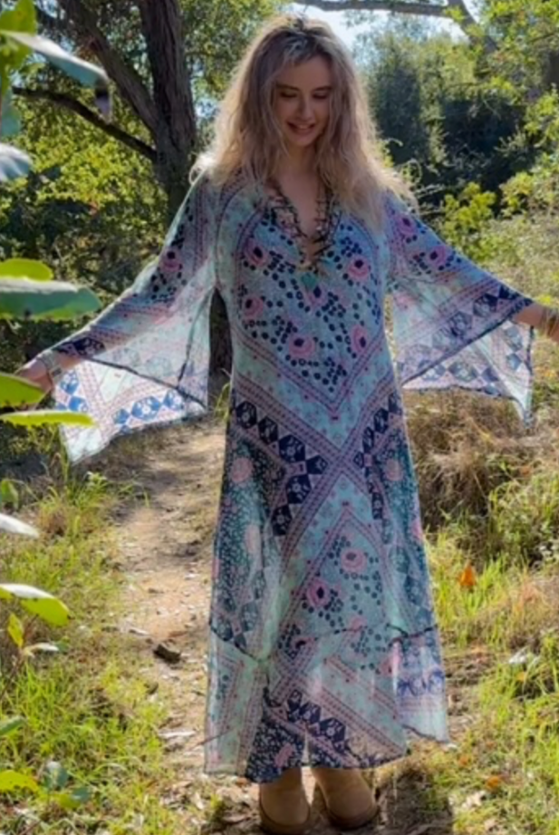 Audrey Printed Maxi Dress Butterfly Sleeves Patchwork Blue
