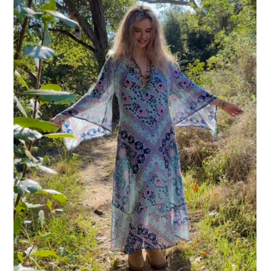 Audrey Printed Maxi Dress Butterfly Sleeves Patchwork Blue