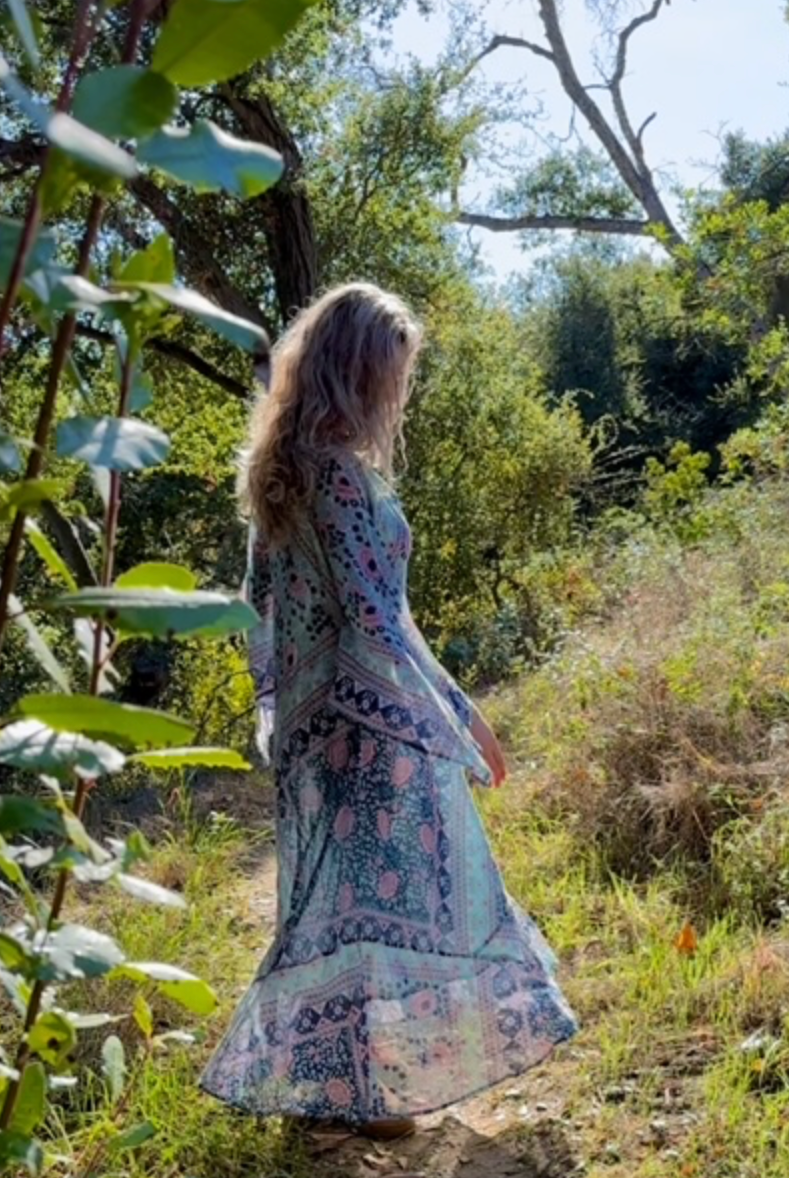 Audrey Maxi Dress Butterfly Sleeves Patchwork Blue