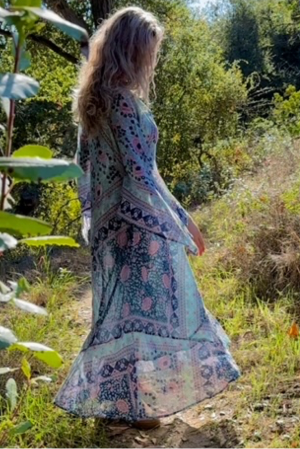 Audrey Printed Maxi Dress Butterfly Sleeves Patchwork Blue